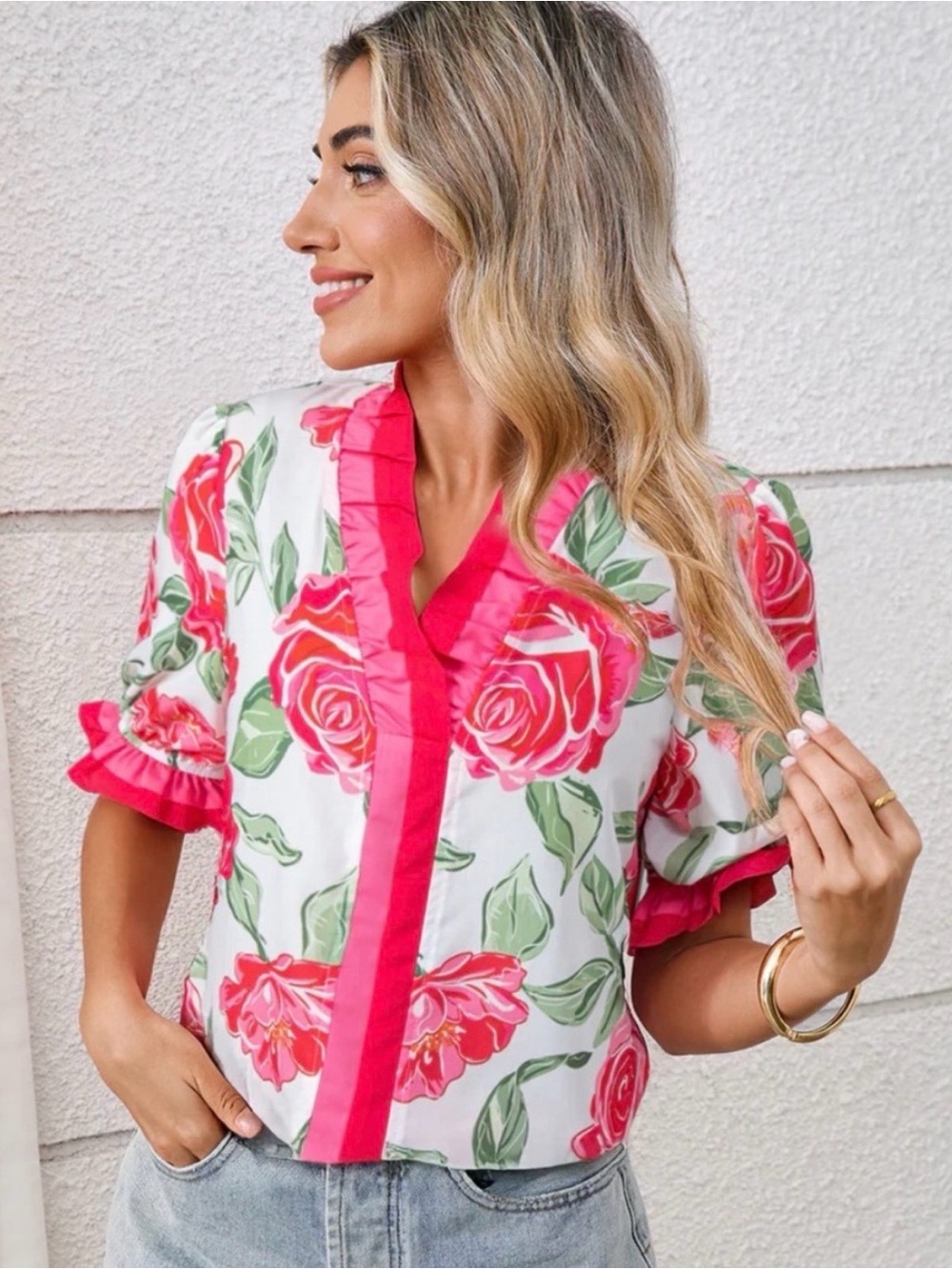 Entro Rose Floral Ruffle Puff Sleeve Top Small Feminine Flirty Chic Lightweight